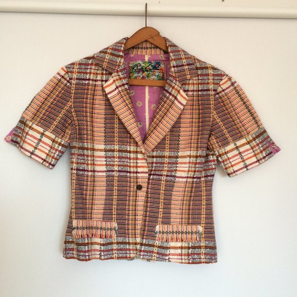 Robert Graham Womens Jacket Blazer Size 2 Plaid Short Sleeve Rayon Nylon - Picture 1 of 8